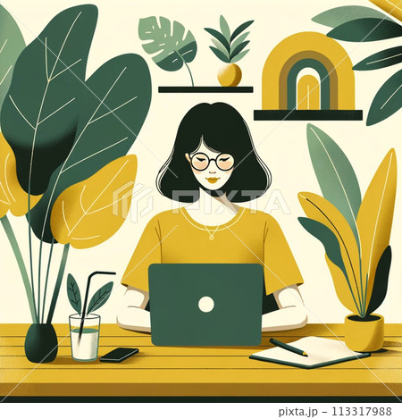 young woman, concentrating, laptop, office, plant-adorned, modern, flat design, focused, working, cozy, plant-decorated, office space, calm, organized, indoor plants, home office, productivity 113317988