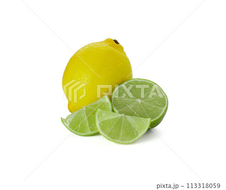 Lemon and lime isolated on white background. Lemon fruit Clipping Path.  113318059