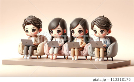 3D Adorable Animated Team with Laptops in Pastel Office 113318176