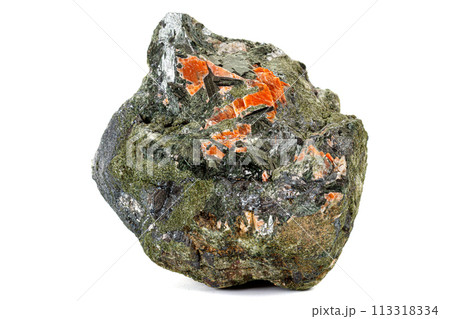 Macro stone mineral Diopside Calcite Magnetite on a white background 113318334
