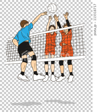 アタックをする男子バレーボール選手とそれをブロックする相手チームの選手 113318717