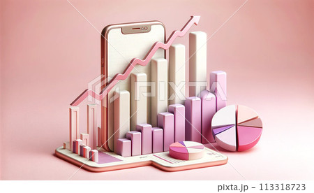 3D visualization that artistically represents mobile growth analytics, with bar graphs and pie charts in soft pastel tones, symbolizing user-friendly data interpretation. 113318723