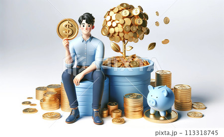 3D businessman putting coin in coins stack 113318745