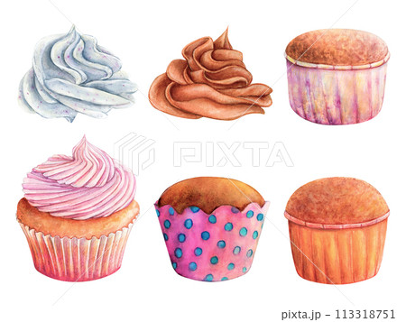Cupcake muffin cream watercolor drawing set. Cake bakery whipped sweet tasty dessert illustration. Birthday celebration pastry chocolate aquarelle isolated white background. Delicious butter tea cafe Cupcake muffin cream watercolor drawing set. Cake bakery whipped sweet tasty dessert illustration. Birthday celebration pastry chocolate aquarelle isolated white background. Delicious butter tea cafe 113318751
