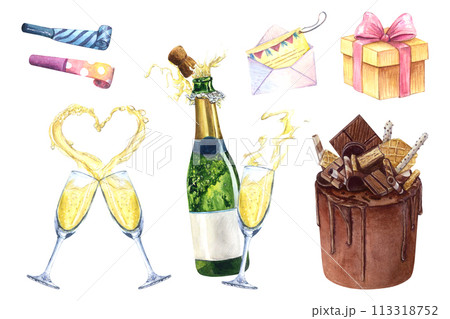 Wedding set watercolor drawing love cake. Champagne glass heart bottle. Present box invitation. Gold sparkling party valentine greeting card. Couple festival chocolate. Isolated white background treat Wedding set watercolor drawing love cake. Champagne glass heart bottle. Present box invitation. Gold sparkling party valentine greeting card. Couple festival chocolate. Isolated white background treat 113318752