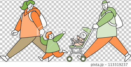 A family with a baby in a stroller and a toddler 113319237