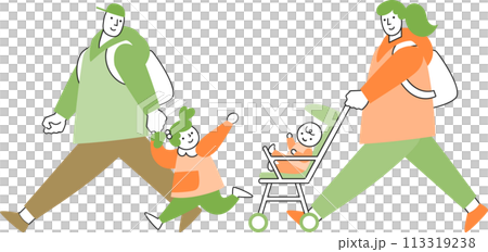 A family with a baby in a stroller and a toddler 113319238