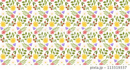 Seamless layout showcasing floral elements. Botanical-inspired repeated design with white, yellow, and lilac flowers, pink cherry blossom, branch with red berries, and different leaves. 113319337