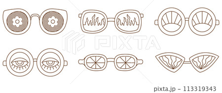 Retro Groovy sunglasses collection with different patterns black and white outline style. 1970s Vibe set Retro Groovy sunglasses collection with different patterns black and white outline style. 1970s Vibe set 113319343