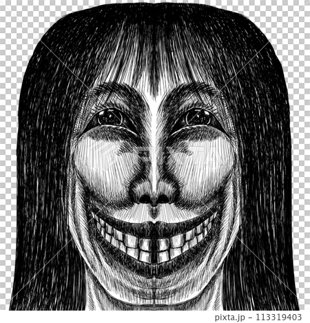 白黒の不気味に笑う女性 113319403