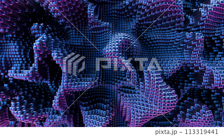 Digital landscape of blue cubic structures with neon accents 3d render 113319441