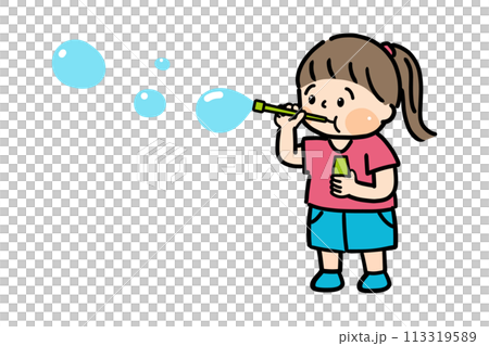 Illustration of a girl blowing soap bubbles Illustration of a girl blowing soap bubbles 113319589