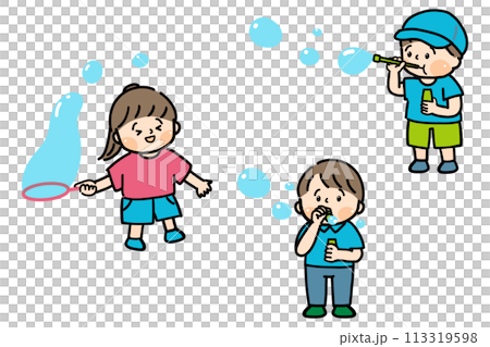 Illustration of three children playing with soap bubbles 113319598