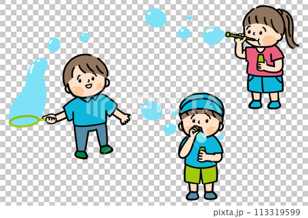 シャボン玉で遊ぶ3人の子どもたちのイラスト 113319599