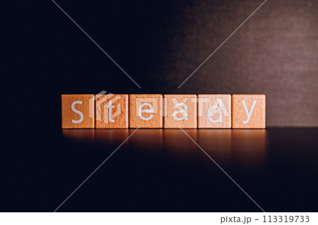 Wooden blocks form the text "Staedy" against a black background. Wooden blocks form the text "Staedy" against a black background. 113319733