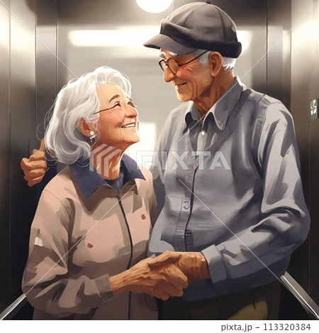 エレベーターの中で囁いている老夫婦 113320384