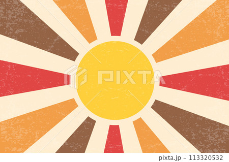 Retro sun rays abstract groovy background. Vector summer 70s graphic design. Sunburst textured poster. Geometric color modern print. Vintage trendy illustration 113320532