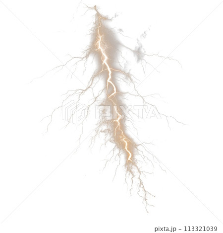 Lightning isolated on a white or transparent background. Close-up of strong and dangerous lightning from the sky, front view. Graphic design element. 113321039