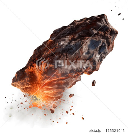Falling meteorite isolated on a white or transparent background. A meteorite with tongues of flame scatters into small pieces close-up. Graphic design element on the theme of space. 113321043