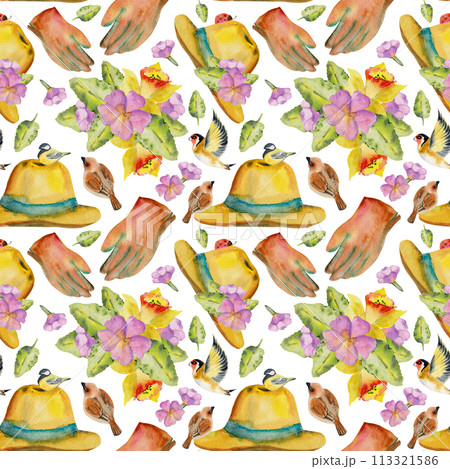Hand drawn watercolor illustration spring gardening clothes accessory, hat gloves with flowers and birds. Seamless pattern isolated on white background. Design print, shop, scrapbooking, packaging Hand drawn watercolor illustration spring gardening clothes accessory, hat gloves with flowers and birds. Seamless pattern isolated on white background. Design print, shop, scrapbooking, packaging 113321586