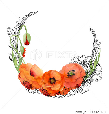 Hand drawn watercolor botanical illustration flowers leaves. Red poppy papaver, stems buds seedpods. Wreath frame isolated on white background. Design wedding, love cards, remembrance day stationery Hand drawn watercolor botanical illustration flowers leaves. Red poppy papaver, stems buds seedpods. Wreath frame isolated on white background. Design wedding, love cards, remembrance day stationery 113321605