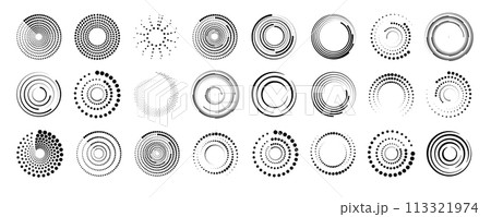 Halftone circular dotted frames set. Set of black thick halftone dotted speed lines. Speed lines in circle form. Geometric art. Vector 113321974