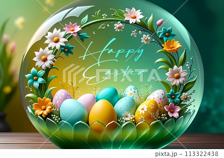 Easter greeting card, colorful Easter eggs 113322438