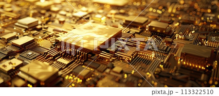 Futuristic golden micro chip representing the futuristic big data 113322510