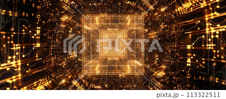 Futuristic golden micro chip representing the futuristic big data. 113322511