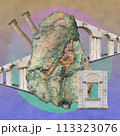 Surreal collage with elements classic architecture. Art poster, concept, zine cover. Antique cityscape 113323076