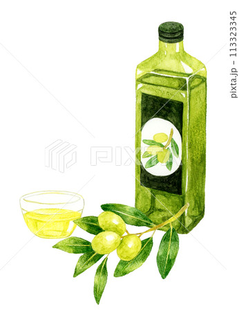 瓶に入ったオリーブオイル 食用油の手描き水彩イラスト素材 瓶に入ったオリーブオイル 食用油の手描き水彩イラスト素材 113323345