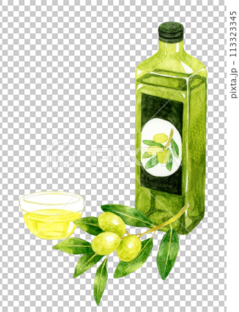 瓶に入ったオリーブオイル 食用油の手描き水彩イラスト素材 瓶に入ったオリーブオイル 食用油の手描き水彩イラスト素材 113323345