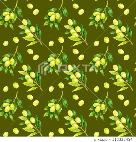 葉っぱ付きのオリーブのパターン　手描き水彩イラストの果物柄 113323454
