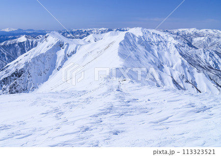 厳冬の谷川岳より望む谷川連峰主稜線の絶景・雪山登山 厳冬の谷川岳より望む谷川連峰主稜線の絶景・雪山登山 113323521