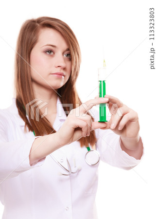 Medical. Woman doctor in lab coat with syringe Medical. Woman doctor in lab coat with syringe 113323803
