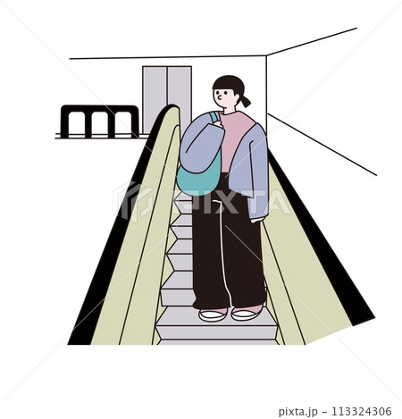 エスカレーターに乗る女性、線画、ベクター エスカレーターに乗る女性、線画、ベクター 113324306