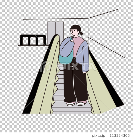 エスカレーターに乗る女性、線画、ベクター エスカレーターに乗る女性、線画、ベクター 113324306