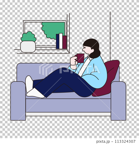 在沙發上喝咖啡的女人,線條畫,向量圖 在沙發上喝咖啡的女人,線條畫,向量圖 113324307