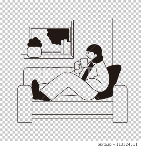 Woman drinking coffee on the sofa, line drawing, vector 113324311