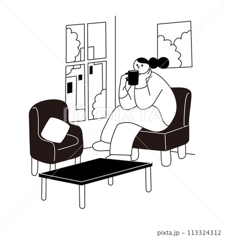 部屋でくつろぐ女性、線画、ベクター 113324312