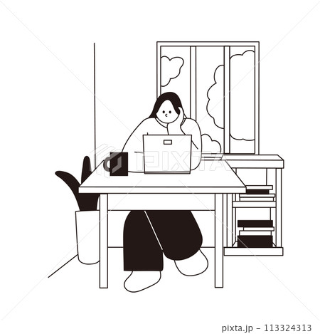 ノートパソコンと女性、線画、ベクター 113324313