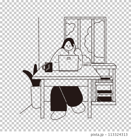 ノートパソコンと女性、線画、ベクター 113324313