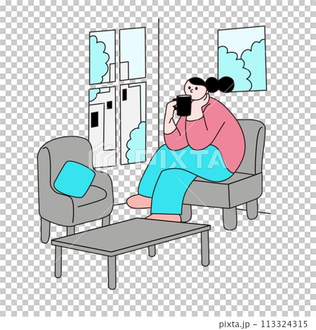 A woman relaxing in a room, line drawing, vector 113324315