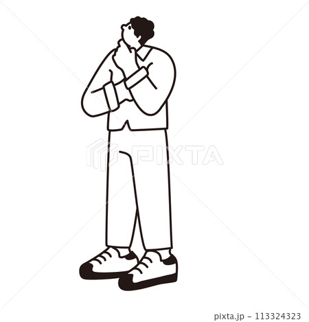 上を見て考えている男性、線画、ベクター 上を見て考えている男性、線画、ベクター 113324323