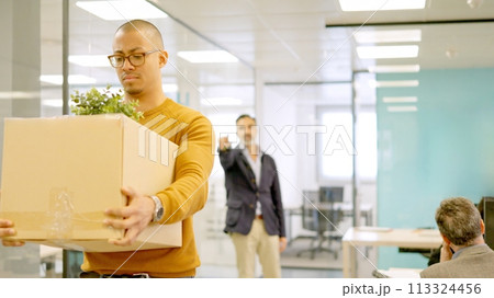 Boss directs the exit to a dismissed employee Boss directs the exit to a dismissed employee 113324456