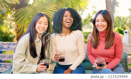 Multiethnic friends smiling at camera while drinking in the garden 113324494