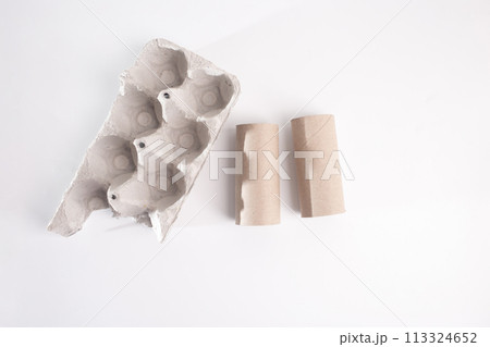 Egg carton box and empty toilet paper roll, minimalist composition, disassembled, top view on white background. 113324652