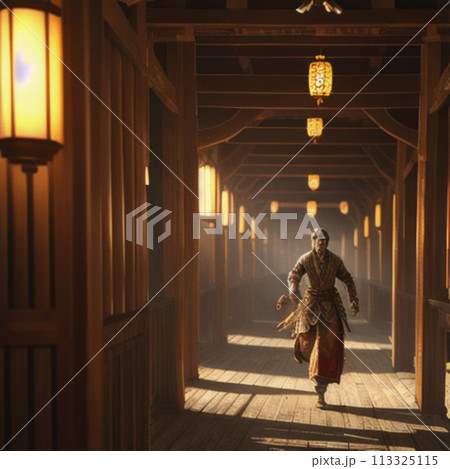 ライトアップされた夜の神社の鳥居と女性 113325115