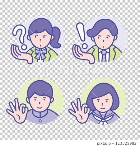 具有思考、靈感和 OK 姿勢的男女學生圓形圖示 [設定] 113325982