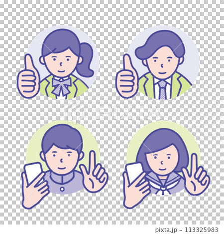 Round icons of male and female students with thumbs up poses and smartphones [set] 113325983